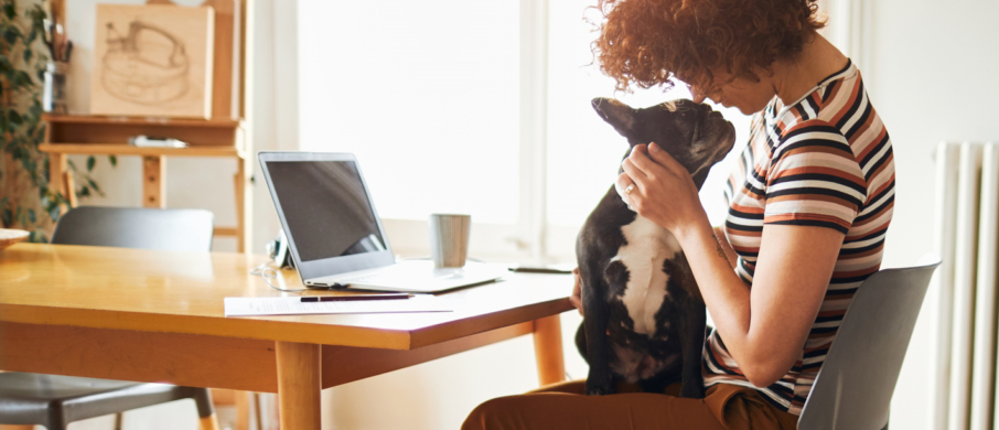 Women and dog in home office